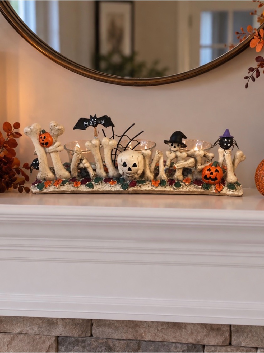 Halloween Bone & Pumpkin Tealight Holder - White and Orange